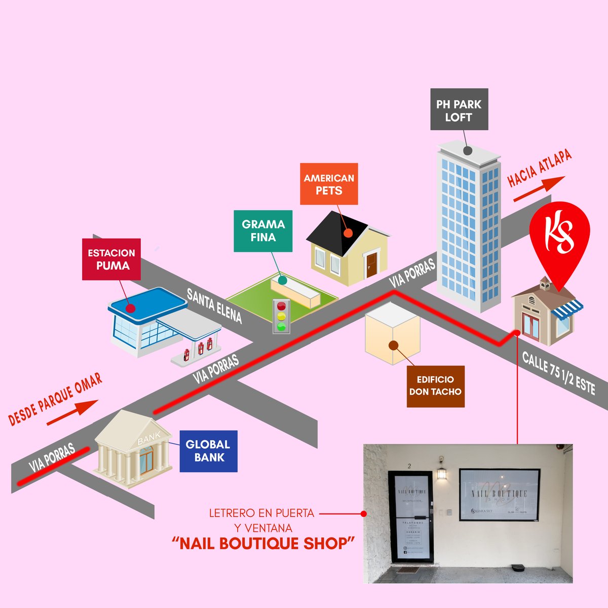 Mapa ilustrado de cómo llegar a la tienda Nail Boutique